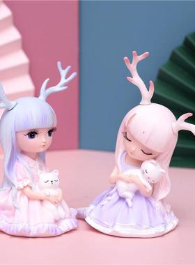 少女心ins风幽境之鹿摆件 小鹿女孩 蛋糕烘培装饰品摆件 汽车摆设