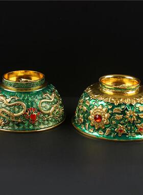 复古珐琅彩金碗摆件仿古精雕双龙戏珠碗家居风水装饰铜器入门收藏