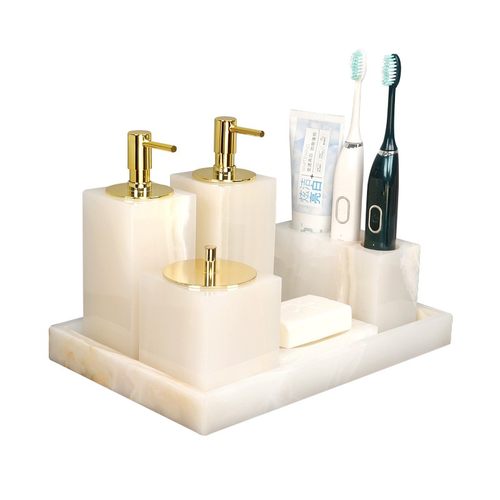 高档托盘大理石卫浴五件刷牙杯架装洗手台浴室用品样板间摆件 - 图2