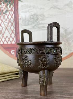 仿古铜鼎摆件三足鼎立三足九龙鼎香炉双耳浮雕回纹供奉旧货收藏