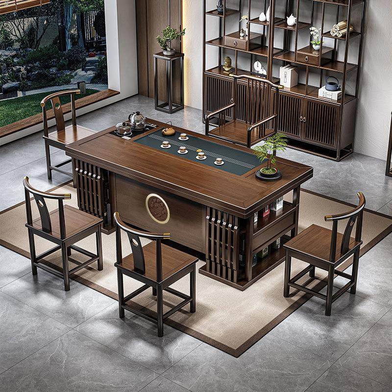 新中式办公室实木茶桌椅组合现代简约家用一桌五椅禅意功夫泡茶桌 - 图0