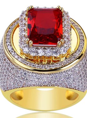 Hot Fashion Big Male Wide Red Zircon Stone Geometric Ring  Y
