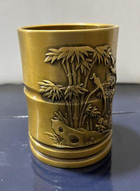 仿古黄铜加厚竹报平安笔筒摆件家居书房文房四宝怀旧工艺品