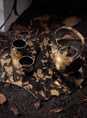 现代中式金色茶盘茶具装客厅茶室茶几上软装陈列摆件高级感饰品