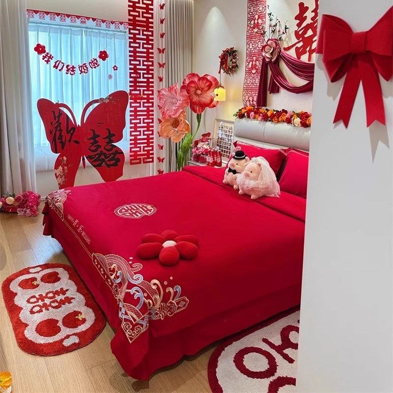 高档中式喜刺绣结婚四件大红色新婚陪嫁被婚庆床上用品婚房,淘宝优惠券,粉丝福利购,淘宝优惠卷