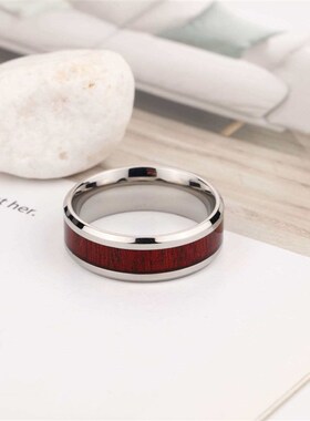 Titanium steel inlaid veneer ring wood grain mens ring jewe