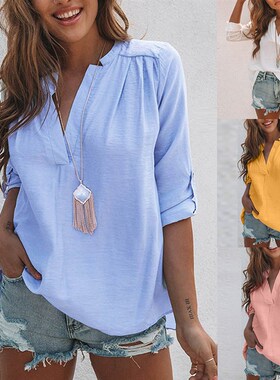 Blouse Women Fashion Solid Color Long Sleeve Pleated Back Sl