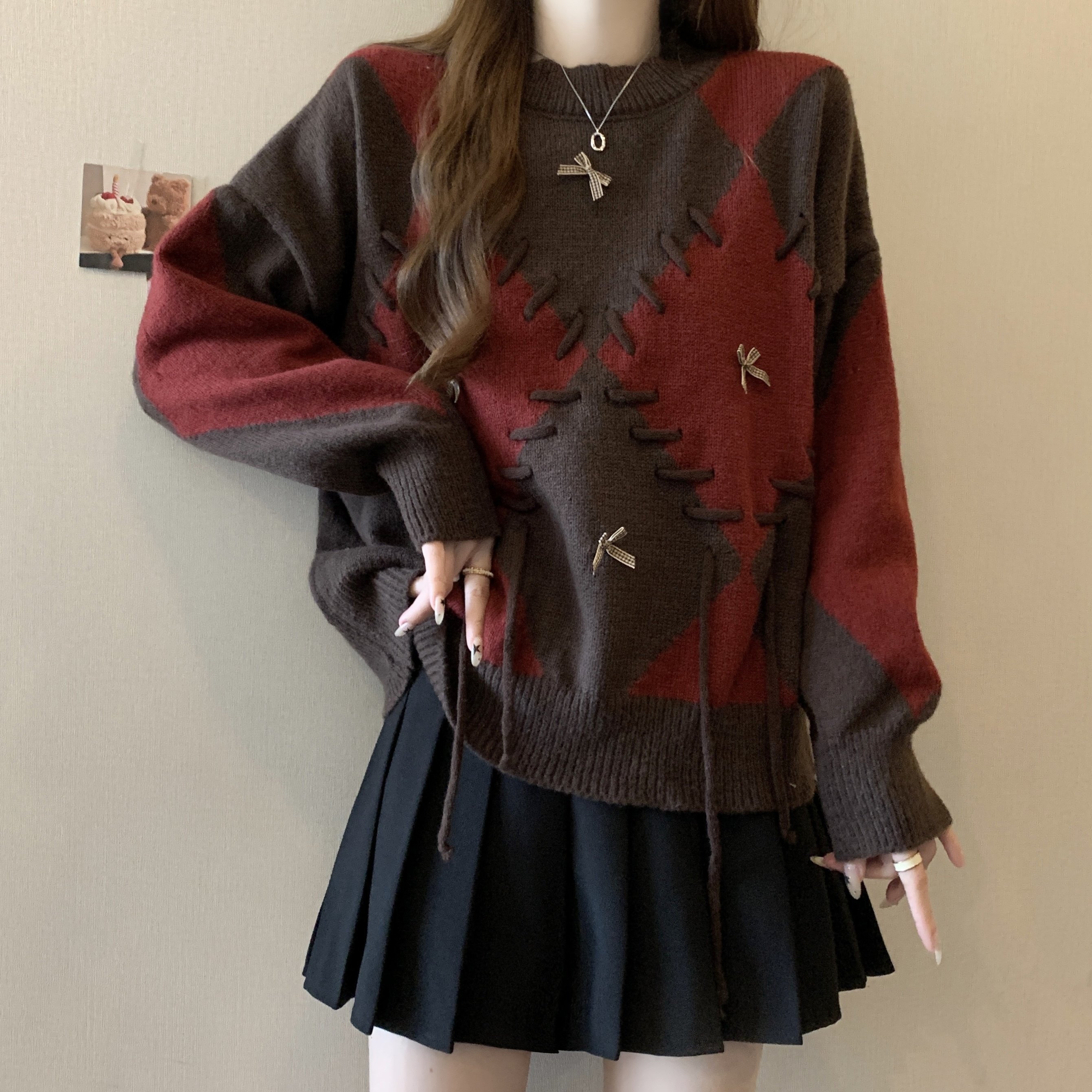 实拍秋冬季新款大码复古宽松撞色针织套头毛衣女,淘宝优惠券,粉丝福利购,淘宝优惠卷