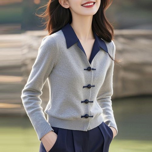 新中式国风盘扣灰色针织衫女2025秋冬新款高级感百搭气质长袖上衣 - 图1