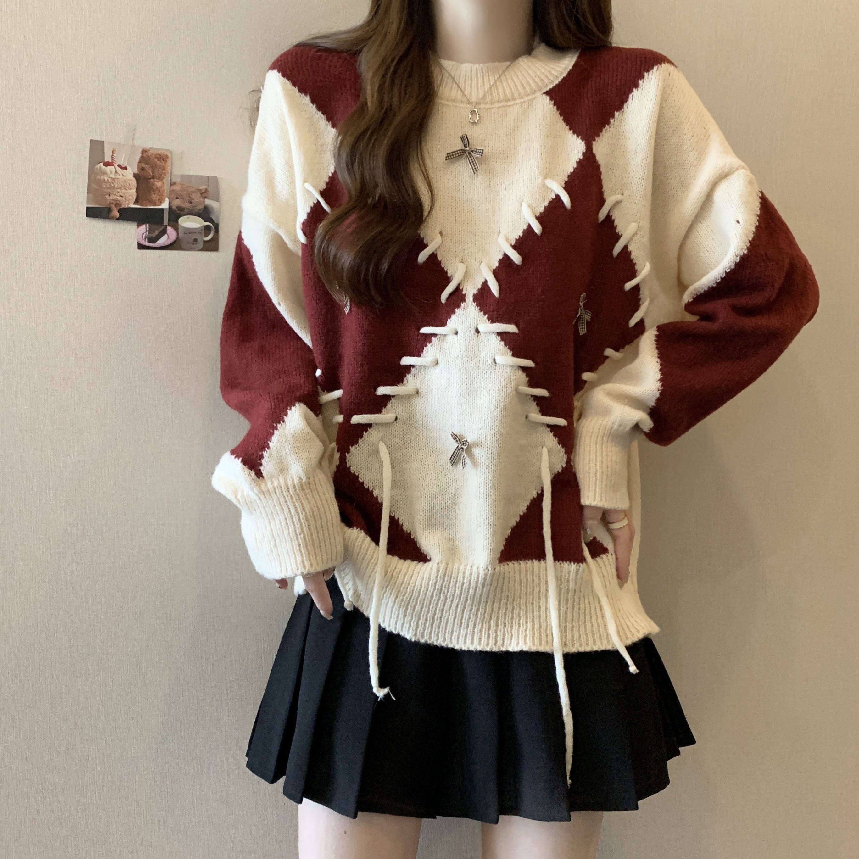 实拍秋冬季新款大码复古宽松撞色针织套头毛衣女,淘宝优惠券,粉丝福利购,淘宝优惠卷