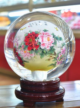 富贵牡丹内画水晶琉璃球玻璃工艺品家居摆件商务礼品送领导客户