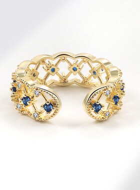 Retro Palace Hollow Lace Ring Blue Zircon Stylish and Person