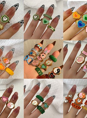 Vintage Colorful Heart Rings Set for Women Fashion Pink Gree