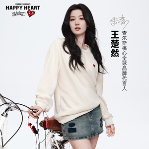王楚然同款查尔斯桃心美式甜酷风徽章印花春上新情侣圆领卫衣