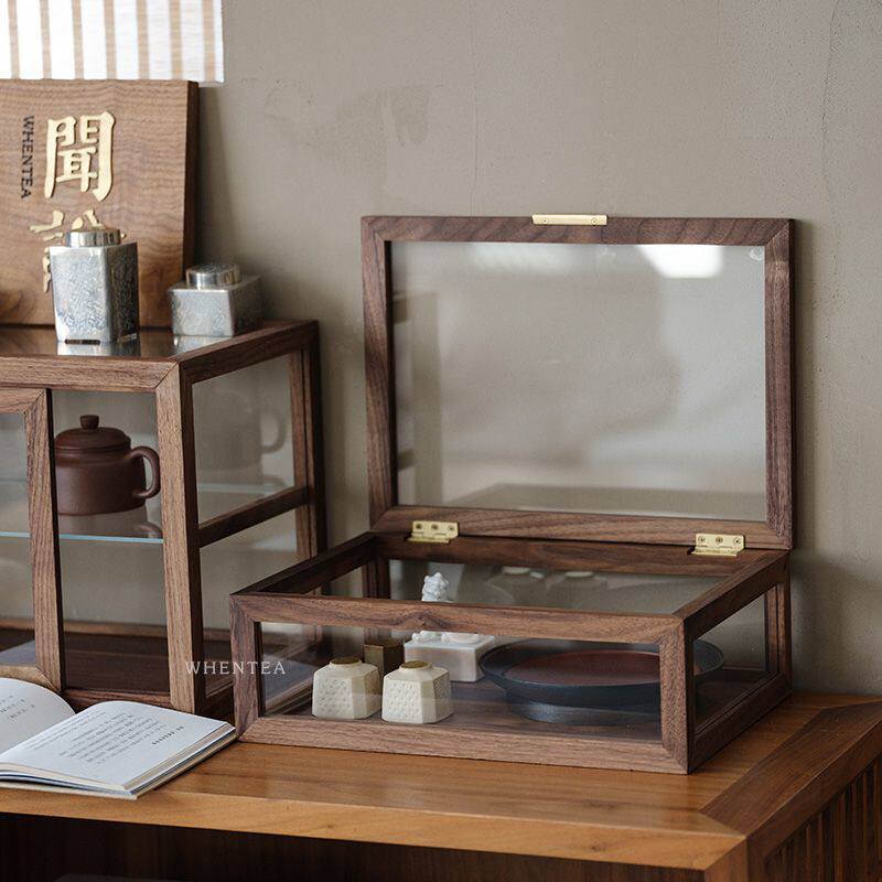 Walnut tea set display box storage tea cup five-sided transparent glass storage rack new desktop solid wood large capacity