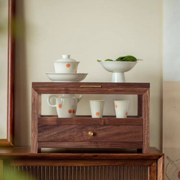 Walnut tea set display box storage tea cup five-sided transparent glass storage rack new desktop solid wood large capacity