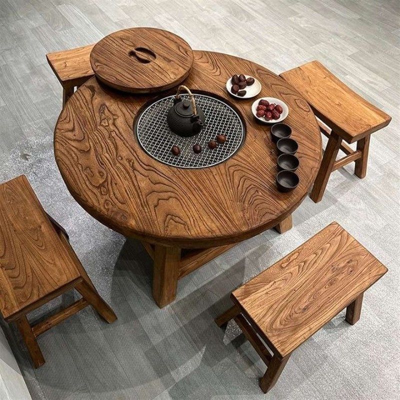 老榆木高档围炉煮茶冰茶全桌子阳台庭院圆形实木茶桌烧烤火锅桌,淘宝优惠券,粉丝福利购,淘宝优惠卷