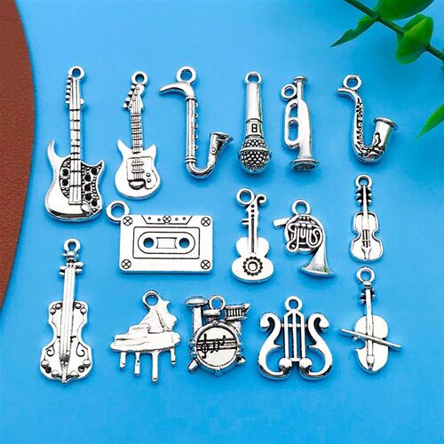 Mix 15pcs Antique Silvery Musical Instrument Charms Pendant - 图0