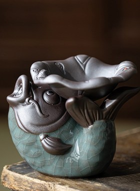 创意鲤鱼哥窑一体式茶漏过滤紫砂茶具配件锦鲤开片可养茶宠摆件