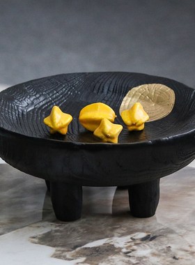 侘寂风实木托盘高脚水果盘茶盘客厅餐厅桌面民宿装饰摆件中古