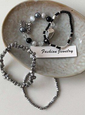 Black Grey Contrast Bead Brlet Womens Autumn and Winter Ins