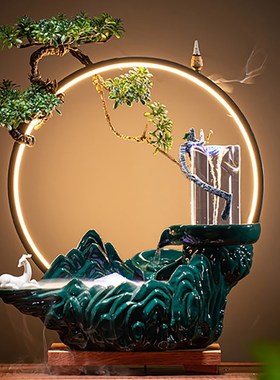 新款高山流水喷泉摆件陶瓷客厅玄关雾化加湿器招财倒流香开业礼品