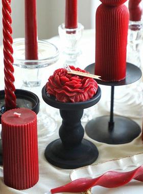 法式复古酒红色烛台摆件装饰摆件节日婚礼艺术造型家居空间装饰品