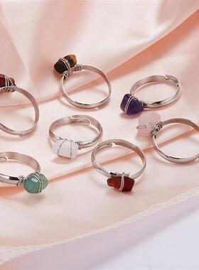 Fashion Wire Wrap Natural Rock Adjustable Rings For Women Qu