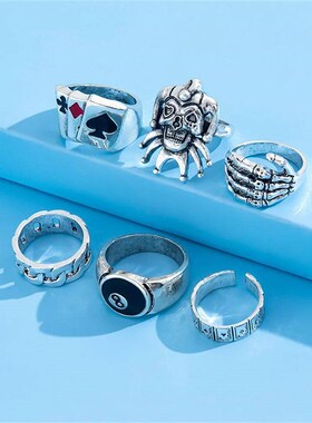 6pcs/Set Exaggerated Ring Skull Poker Clown Number Joker Sha