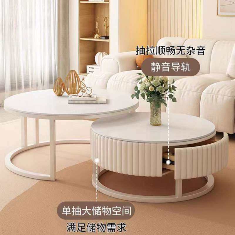 岩板奶油茶几客厅家用小户型轻奢现代简约圆形网红玻璃电视柜组合,淘宝优惠券,粉丝福利购,淘宝优惠卷