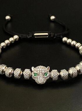 Luxury Stainless Steel Beads Beaded Leopard Head Man