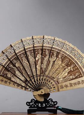 金丝楠木扇子孔雀羽翎折扇镂空雕花古典中国风折叠装饰品中式摆件
