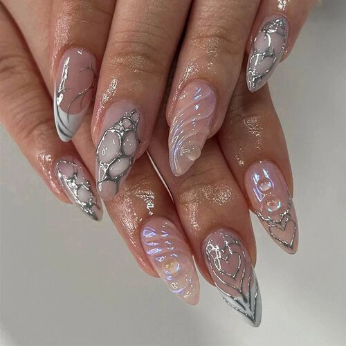 24Pcs Almond Press on Fake Nails Long French False Nails wit - 图1