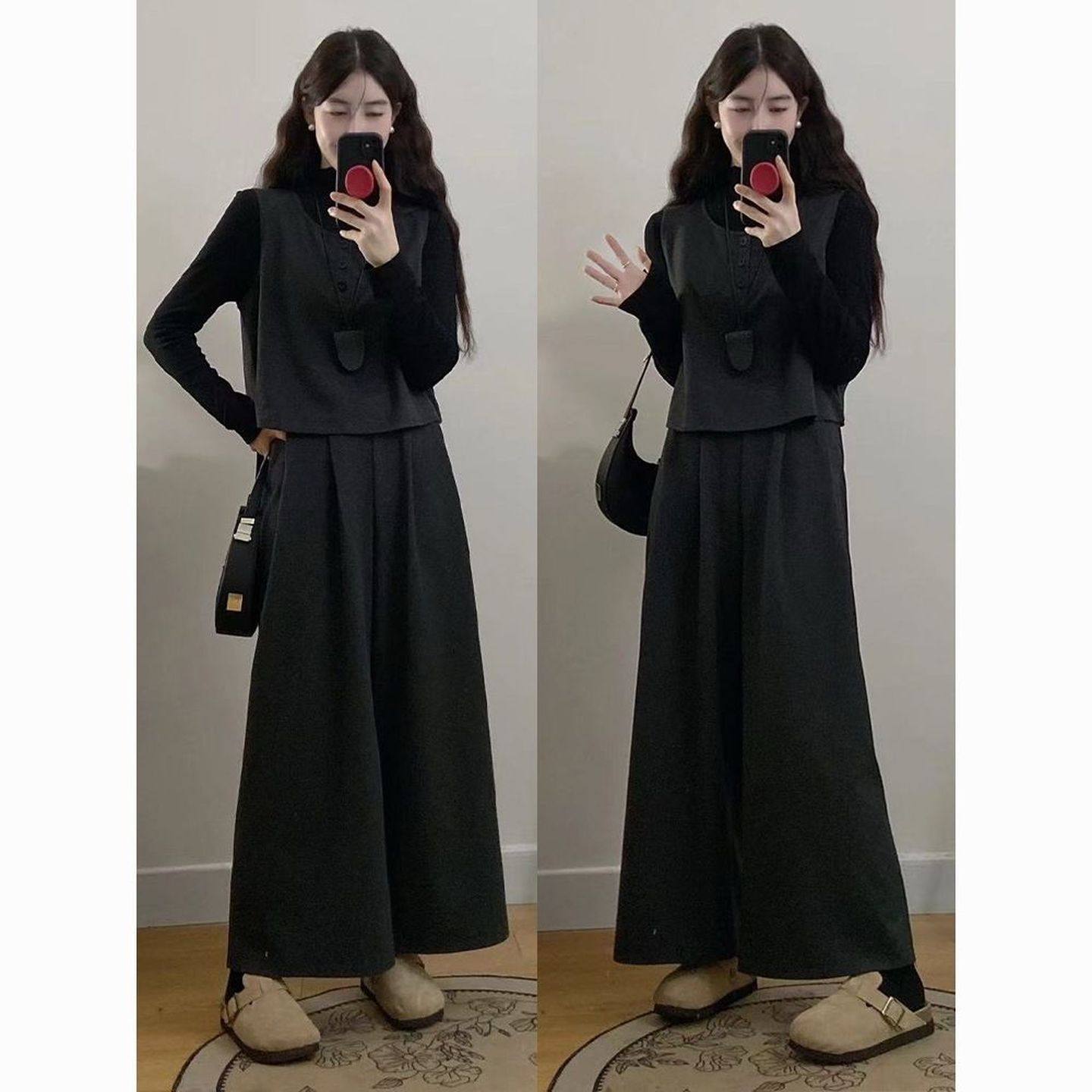 大码女装时尚微胖秋冬胖mm显瘦时尚简约毛呢马甲九分阔腿裤三件套,淘宝优惠券,粉丝福利购,淘宝优惠卷