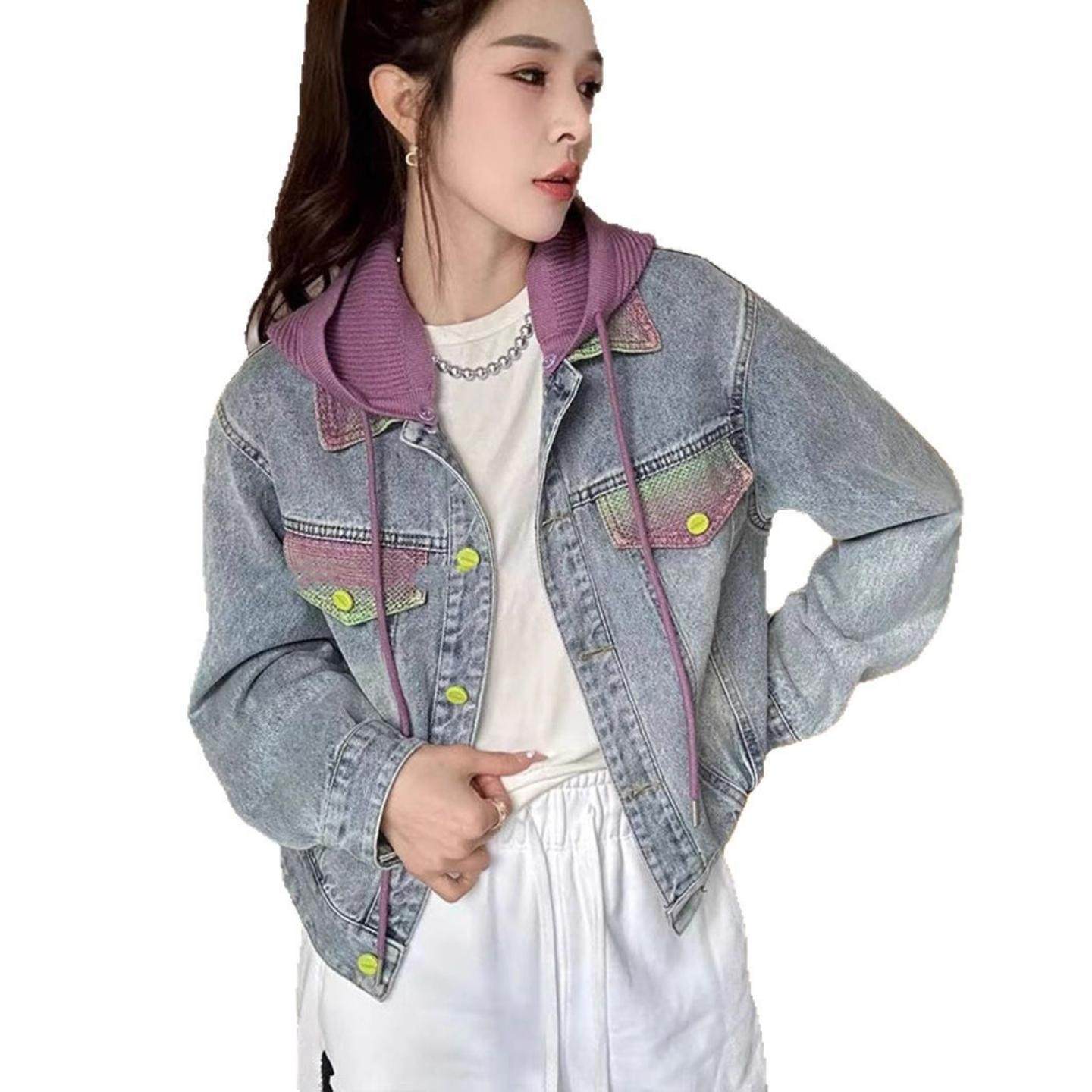 撞色针织连帽牛仔外套女2025春秋款新韩版洋气百搭休闲显瘦夹克上,淘宝优惠券,粉丝福利购,淘宝优惠卷