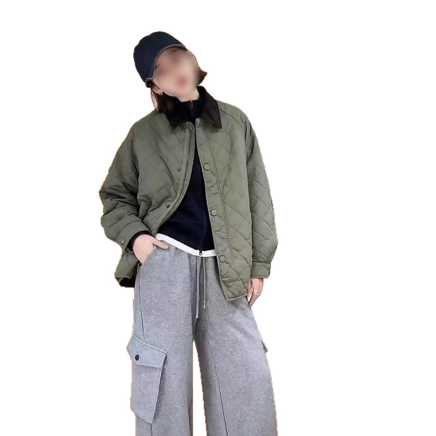 韩版灯芯绒翻领拼接菱格棉服外套女秋冬2025新款显瘦薄款夹棉上衣,淘宝优惠券,粉丝福利购,淘宝优惠卷