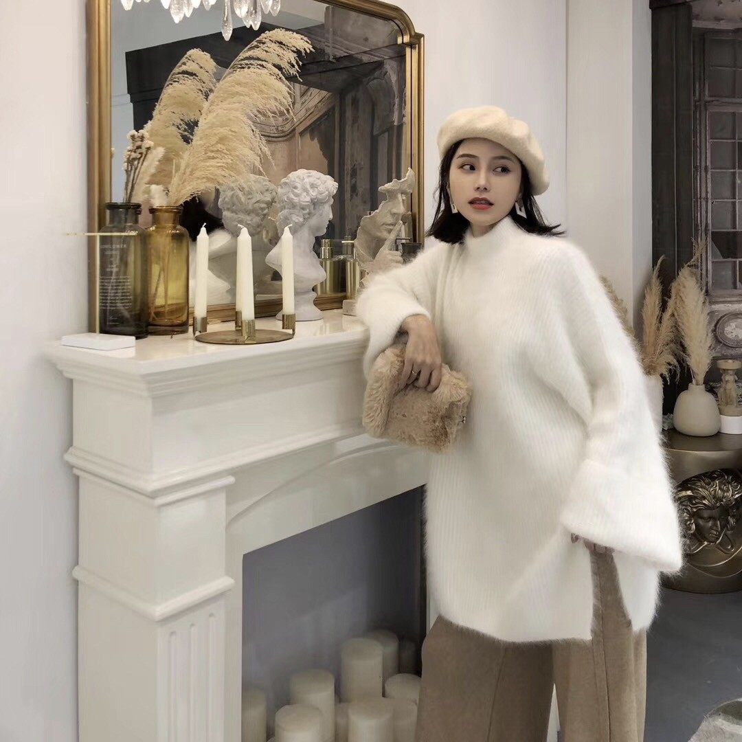 新款长毛水貂绒毛衣女套头半高领韩版宽松喇叭袖中长款外套3098,淘宝优惠券,粉丝福利购,淘宝优惠卷