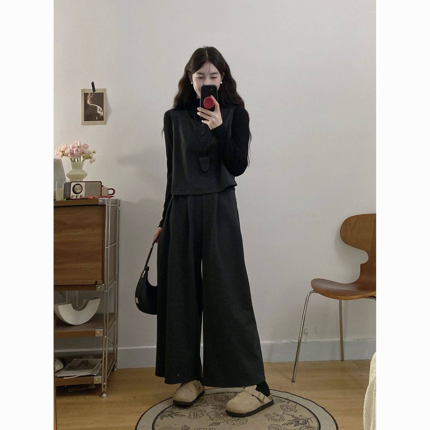 大码女装时尚微胖秋冬胖mm显瘦时尚简约毛呢马甲九分阔腿裤三件套,淘宝优惠券,粉丝福利购,淘宝优惠卷