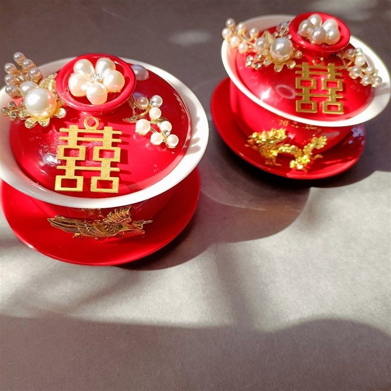 喜结连理敬茶杯结婚中式陪嫁对杯diy 手作装饰喜茶喜碗托盘一整,淘宝优惠券,粉丝福利购,淘宝优惠卷