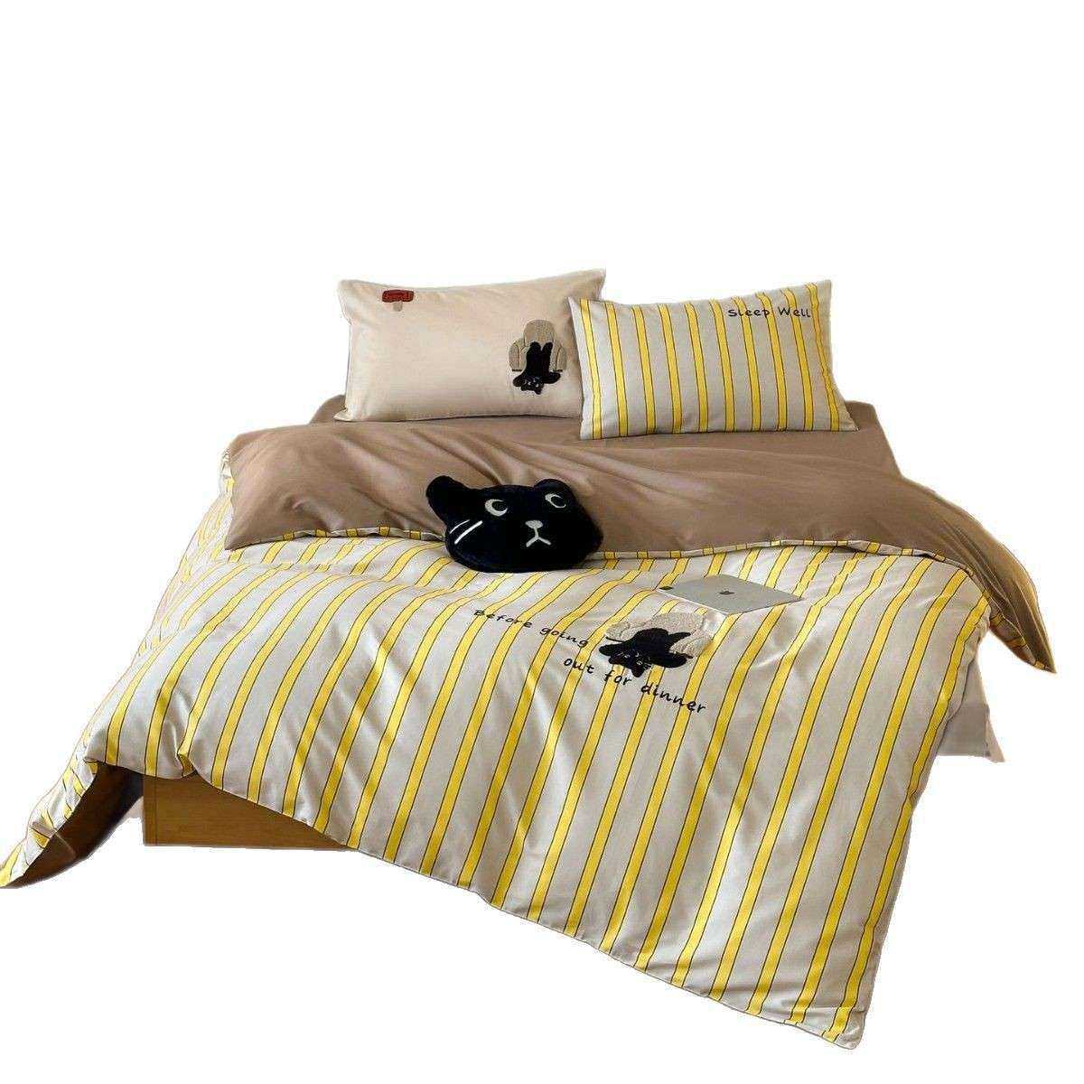 可爱小猫全棉儿童刺绣条纹四件套被套床单款小清新高端轻奢床品,淘宝优惠券,粉丝福利购,淘宝优惠卷