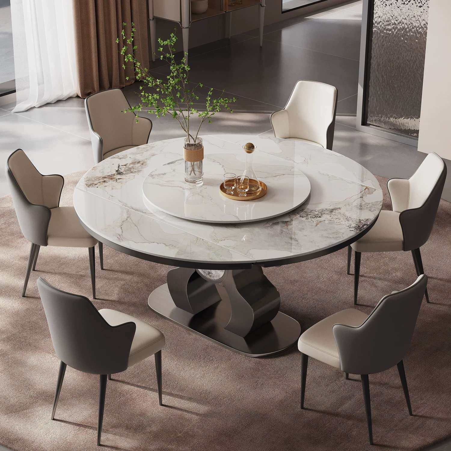 意式亮光岩板餐桌可方变圆伸缩折叠功能带转盘圆桌现代圆形吃饭桌,淘宝优惠券,粉丝福利购,淘宝优惠卷