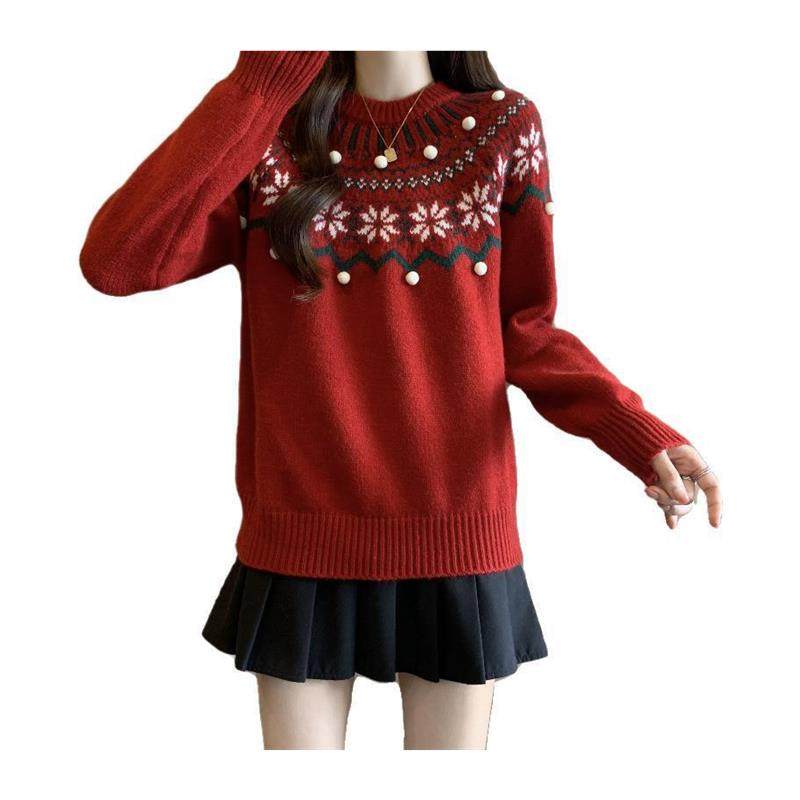 大码女装新品圣诞新年红色费尔岛毛衣秋冬复古提花软糯针织衫上衣,淘宝优惠券,粉丝福利购,淘宝优惠卷