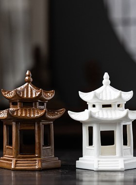 大号创意层六角亭陶瓷摆件古建筑微景观设计水族箱鱼缸造景装饰
