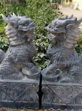 石雕石头麒麟一母青石阳台房顶庭院门口看门家居雕刻桌面摆件