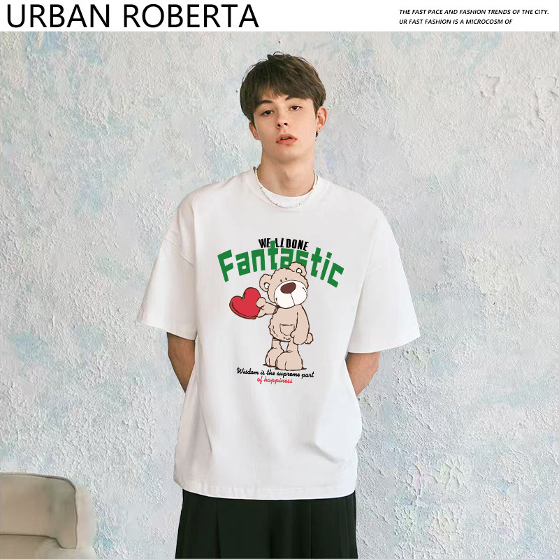 潮牌卡通小熊印花短袖T恤男女宽松街头美式复古半袖风格T恤衫HB