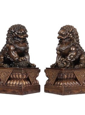 宫门木纹狮子摆件一对大号工艺品创意中式装饰品仿木雕狮摆设动物
