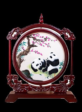 苏州面绣摆件苏绣手工艺品屏风电视柜酒柜摆台送老外大熊猫礼品