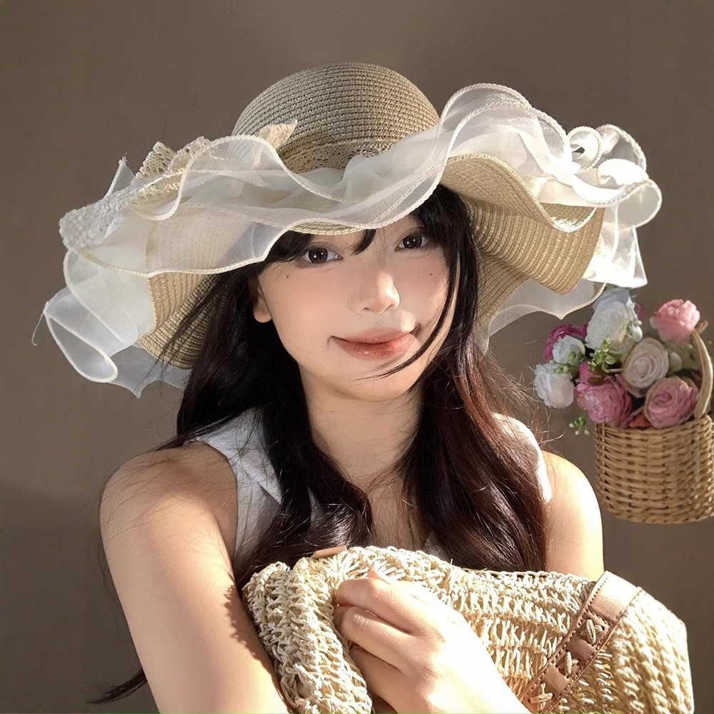 法式蕾丝结草帽女夏季大帽檐遮阳防晒帽海边沙滩度假太阳帽子,淘宝优惠券,粉丝福利购,淘宝优惠卷
