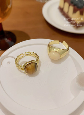 法式高级感琥珀色戒指女in轻奢小众百搭气质食指戒学生闺蜜指环