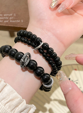 新中式中古风黑色穿着叠戴手链女复古高级设计感平安扣手串手饰品
